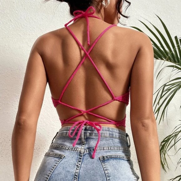 Tied Backless Asymmetrical Hem Knit crop Top Pink - Picture 3 of 4